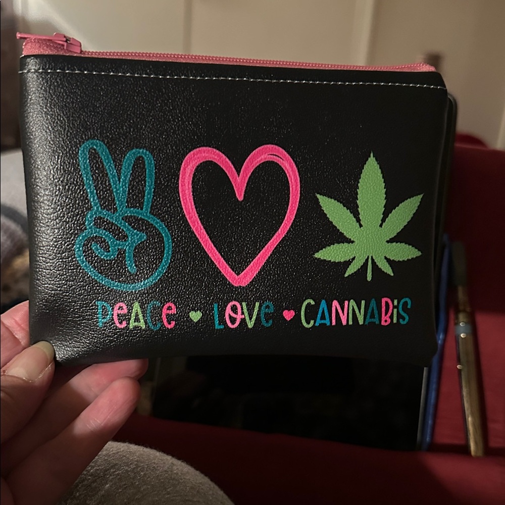 Hand Crafted Black Printed Vinyl Peace Love Cannabis Pouch